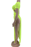 Fluorescent Green Fashion Sexy Solid See-through Slit O Neck Short Sleeve Dress