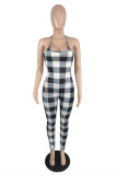 Black And White Fashion Sexy Plaid Print Backless Strap Design Spaghetti Strap Skinny Jumpsuits