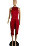 Pink Casual Solid Patchwork Slit O Neck Sleeveless Two Pieces