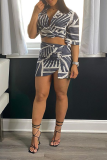 Grey Sexy Print Patchwork V Neck Short Sleeve Two Pieces
