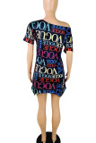 Black Street Print Patchwork Asymmetrical O Neck Dresses