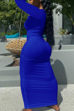 Blue Casual Solid Split Joint Asymmetrical Collar Straight Dresses