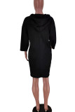 Black Casual Print Split Joint Hooded Collar Straight Dresses