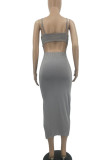 Grey Sexy Solid High Opening Spaghetti Strap Pencil Skirt Dresses