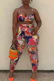 Red Sexy Print Tassel Patchwork Spaghetti Strap Sleeveless Two Pieces