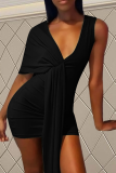 Black Sexy Solid Patchwork V Neck Irregular Dress Dresses