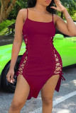 Pink Sexy Solid Patchwork Frenulum Spaghetti Strap Pencil Skirt Dresses