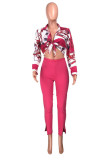 Rose Red Fashion Casual Print Bandage Slit Turndown Collar Long Sleeve Two Pieces