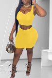 Yellow Fashion Sexy Solid Vests U Neck Sleeveless Two Pieces