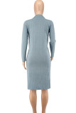 Pink Fashion Casual Solid Slit Turndown Collar Long Sleeve Dresses
