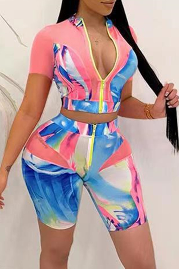 Multicolor Fashion Casual Print Basic Zipper Collar Short Sleeve Two Pieces