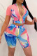 Multicolor Fashion Casual Print Basic Zipper Collar Short Sleeve Two Pieces