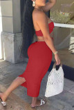 Red Fashion Sexy Solid Patchwork Backless Strapless Sleeveless Dress Dresses