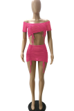 Rose Red Sexy Solid Mesh Off the Shoulder Short Sleeve Two Pieces