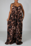 Cream White Sexy Leopard Patchwork Spaghetti Strap Loose Jumpsuits