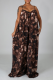 Brown Sexy Leopard Patchwork Spaghetti Strap Loose Jumpsuits