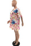 Pink Fashion Casual Plus Size Print Basic V Neck Short Sleeve Dress