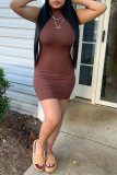 Brown Sexy Solid Patchwork Half A Turtleneck Pencil Skirt Dresses