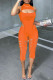 Orange Fashion Sexy Solid Hollowed Out Asymmetrical Turtleneck Sleeveless Two Pieces