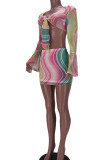Red Sexy Print Bandage Patchwork See-through V Neck Long Sleeve Two Pieces