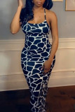 Deep Blue Fashion Sexy Print Backless Spaghetti Strap Long Dress Dresses