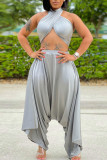 Silver Gray Casual Solid Bandage Patchwork Backless Strapless Sleeveless Two Pieces
