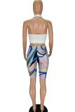 Rose Red Sexy Print Hollowed Out Patchwork Halter Sleeveless Two Pieces