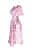Pink Casual Plaid Patchwork O Neck Irregular Dress Dresses
