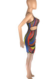 Colour Sexy Print Hollowed Out Patchwork Spaghetti Strap Pencil Skirt Dresses