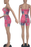 Red Casual Print Patchwork Spaghetti Strap Two Pieces