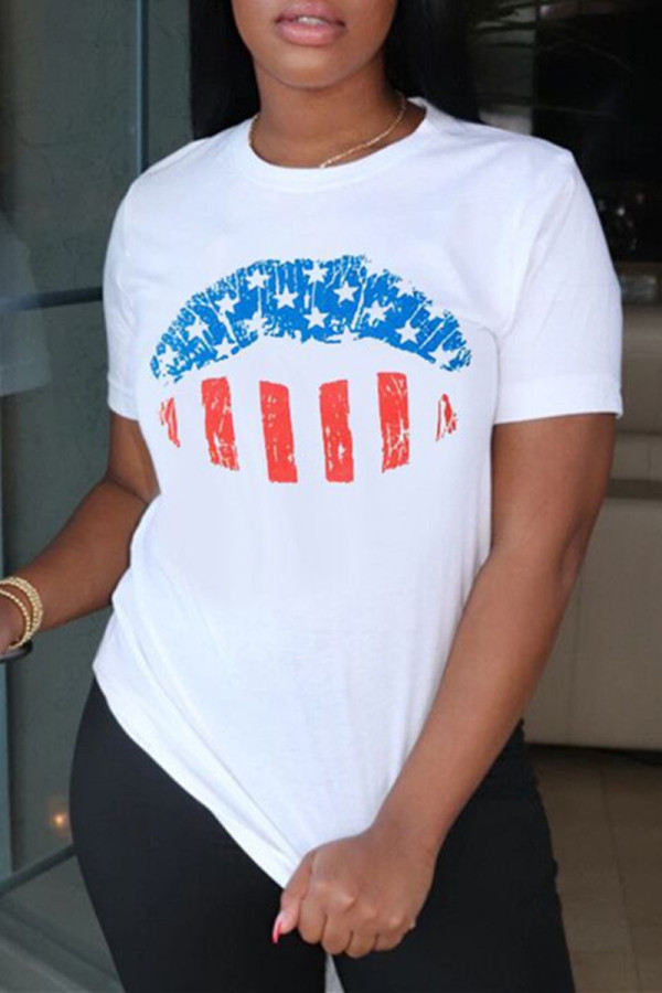 White Fashion Casual Print Basic O Neck T-Shirts