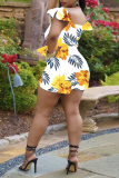 Blue Sexy Print Patchwork V Neck Skinny Rompers