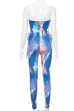 Blue Sexy Patchwork Tie-dye Strapless Skinny Jumpsuits
