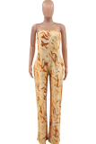 Brown Casual Print Patchwork Strapless Straight Jumpsuits