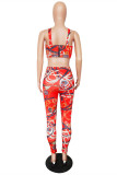 Red Sexy Casual Print Backless U Neck Sleeveless Two Pieces