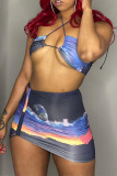 Blue Fashion Sexy Print Backless Halter Sleeveless Two Pieces