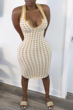 Yellow Sexy Plaid Patchwork Halter Pencil Skirt Dresses