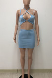 Pink Sexy Solid Hollowed Out Patchwork Frenulum Asymmetrical Collar Sleeveless Two Pieces