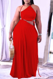 Red Sexy Solid Frenulum Backless Asymmetrical Halter Straight Plus Size Dresses