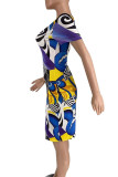 Light purple yellow sky blue Sexy Print Asymmetrical U Neck Irregular Dress Dresses
