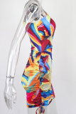 Blue Sexy Print Hollowed Out One Shoulder Pencil Skirt Dresses