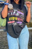 Grey Fashion Casual Print Basic O Neck T-Shirts