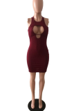 Black Sexy Solid Hollowed Out O Neck Pencil Skirt Dresses