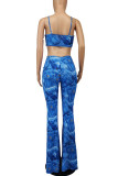 Blue Sexy Print Hollowed Out Patchwork Spaghetti Strap Boot Cut Jumpsuits