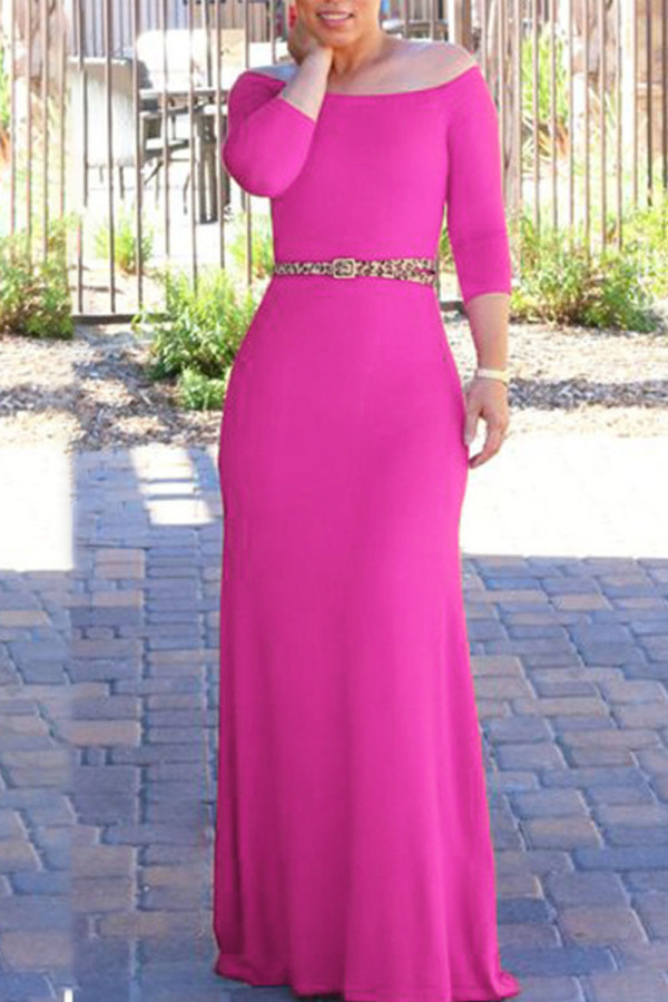 Rose Red Elegant Solid Patchwork Off the Shoulder Straight Dresses
