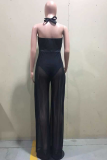 Tangerine Red Sexy Solid Patchwork Mesh Halter Straight Jumpsuits