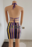 Purple Sexy Print Patchwork Spaghetti Strap Sleeveless Two Pieces