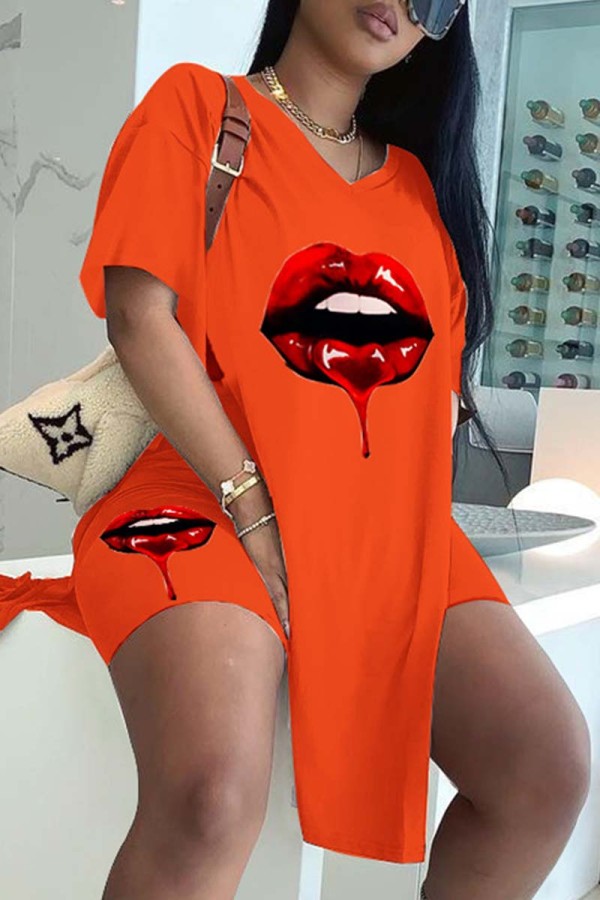 Tangerine Red Fashion Casual Lips Printed Slit V Neck Short Sleeve Two Pieces