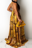 Yellow Sexy Print Hollowed Out Halter Cake Skirt Dresses