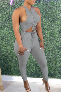 Grey Casual Solid Halter Sleeveless Two Pieces